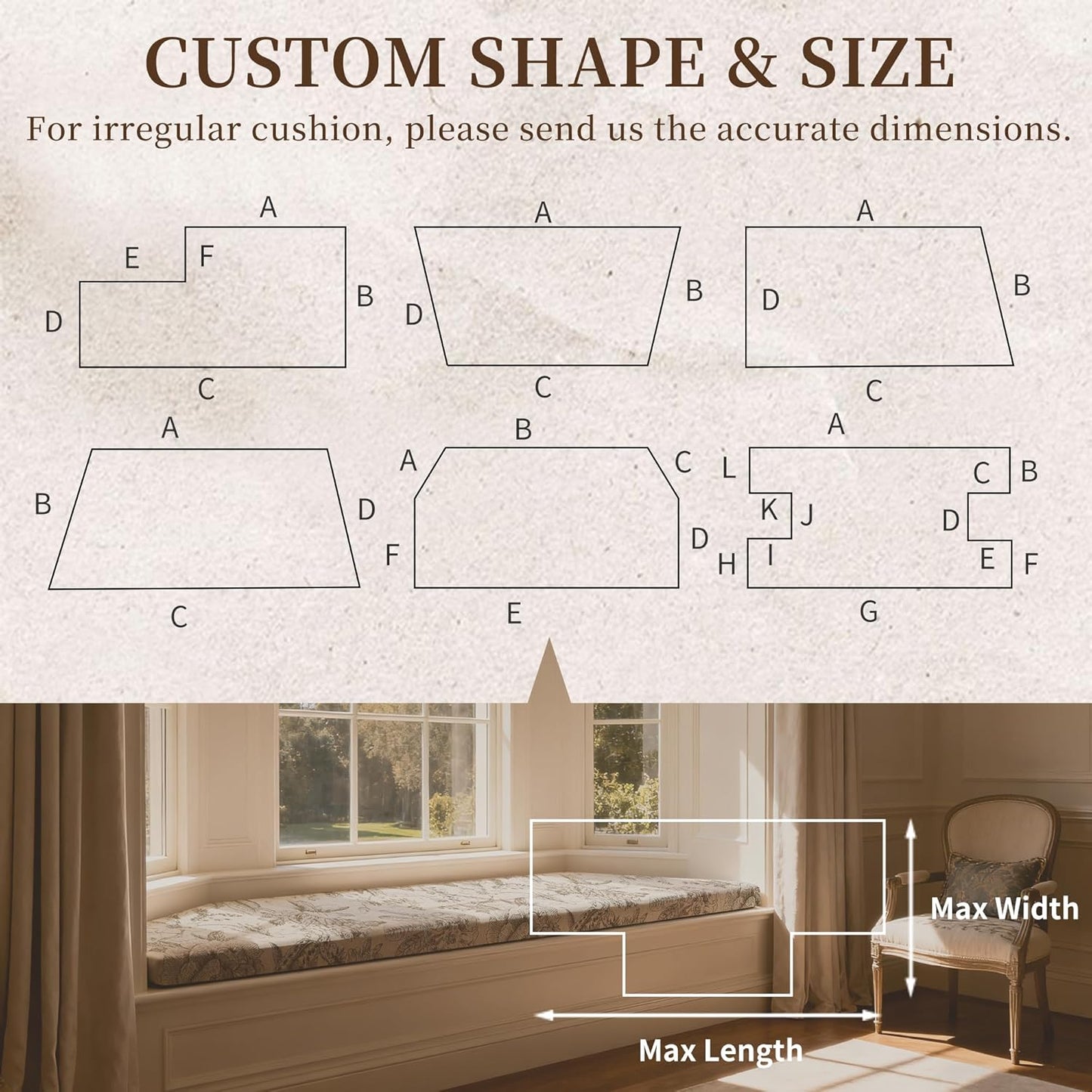 Custom Size Bench Cushion, Custom Bench Cushions for Indoor Furniture, 75D Foam Furniture Window Seat Cushion, Breakfast Nook, Mudroom, Banquette Bench Cushion, Non-Slip Bottom, Pipe Design