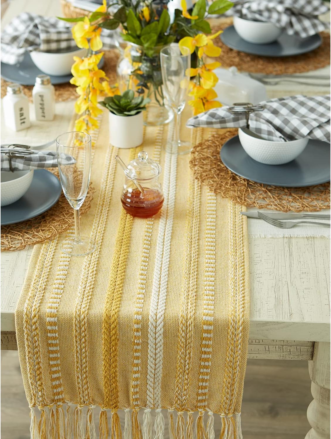 DII Farmhouse Braided Stripe Table Runner Collection, 15x72 (15x77, Fringe Included), Black