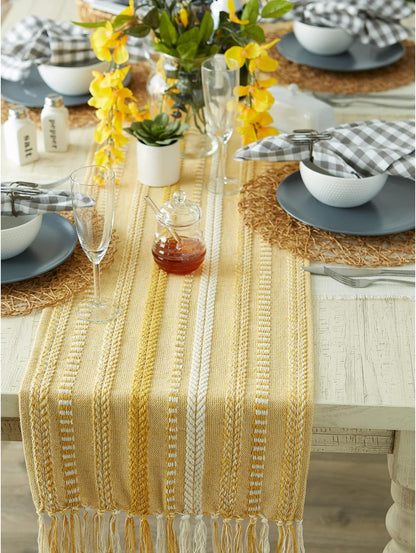 DII Farmhouse Braided Stripe Table Runner Collection, 15x72 (15x77, Fringe Included), Black