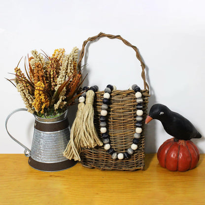 CVHOMEDECO. Wood Beads Garland with Tassels Farmhouse Rustic Wooden Prayer Bead String Wall Hanging Accent for Home Festival Decor. Mix Distressed