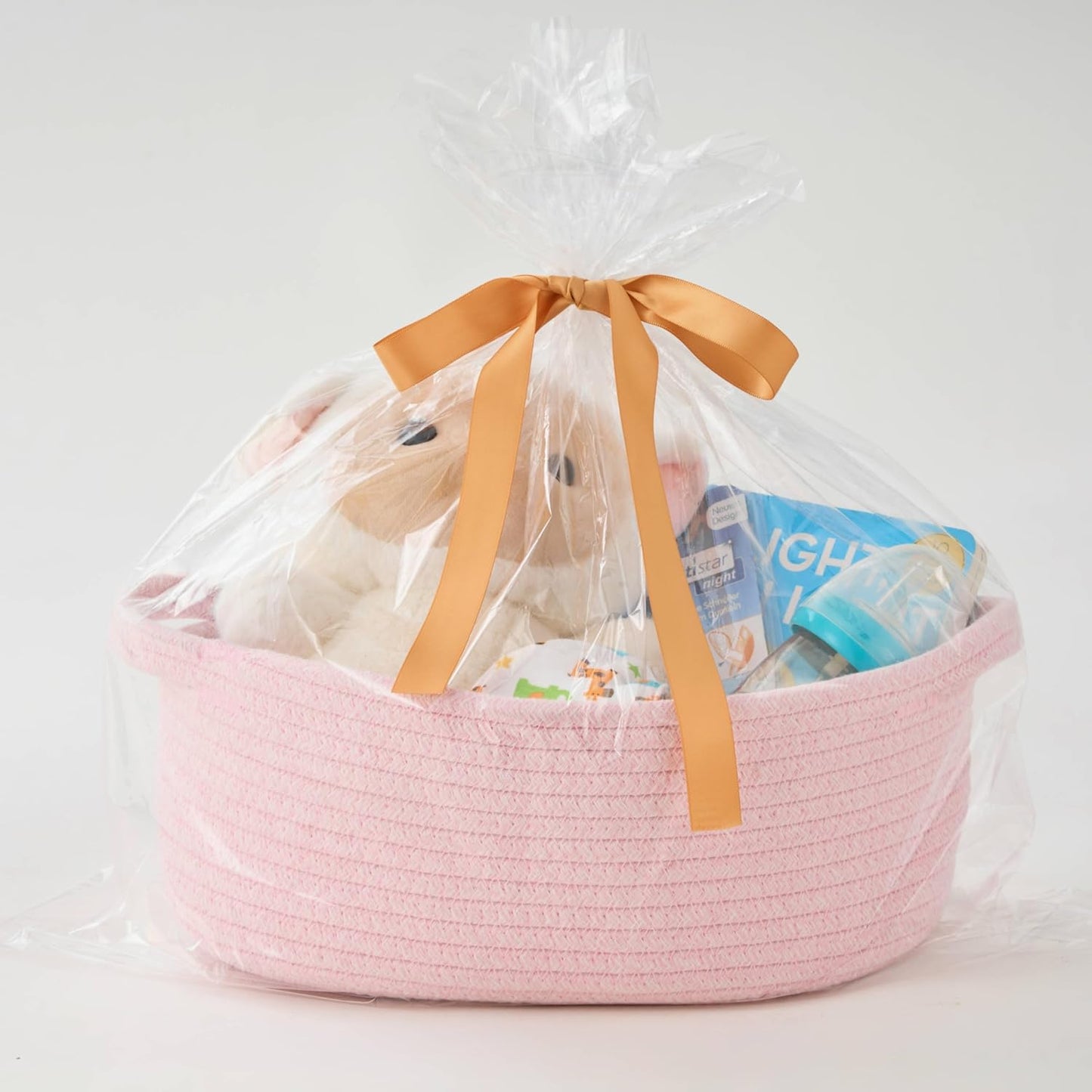 Small Woven Gift Basket Empty with Bag & Ribbon - Gifts for Mom, Baby Shower, Birthdays & Raffle - Cotton Rope Storage Basket for Dog Toys or Shelf - 12"x8"x5", White