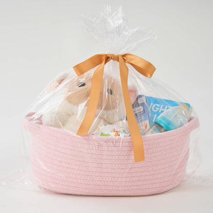 Small Woven Gift Basket Empty with Bag & Ribbon - Gifts for Mom, Baby Shower, Birthdays & Raffle - Cotton Rope Storage Basket for Dog Toys or Shelf - 12"x8"x5", White