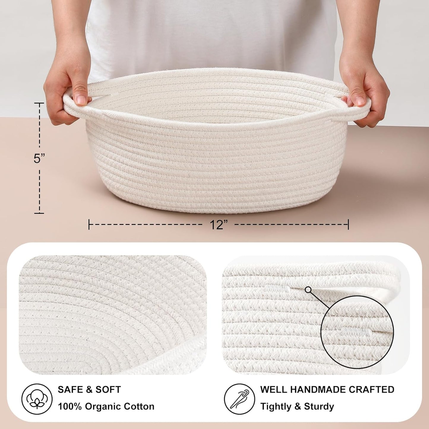 8 Pack Small Woven Basket with Gift Bags and Ribbons, All 12"x 8"x 5", Empty Decorative Gift Chest Box, Cute Baby Gift Basket for Nursery, Cotton Rope Room Shelf Storage Basket with Handles, White