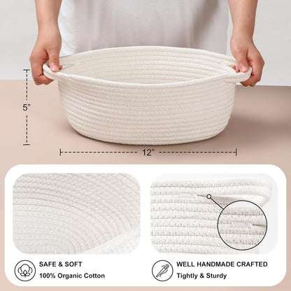 8 Pack Small Woven Basket with Gift Bags and Ribbons, All 12"x 8"x 5", Empty Decorative Gift Chest Box, Cute Baby Gift Basket for Nursery, Cotton Rope Room Shelf Storage Basket with Handles, White