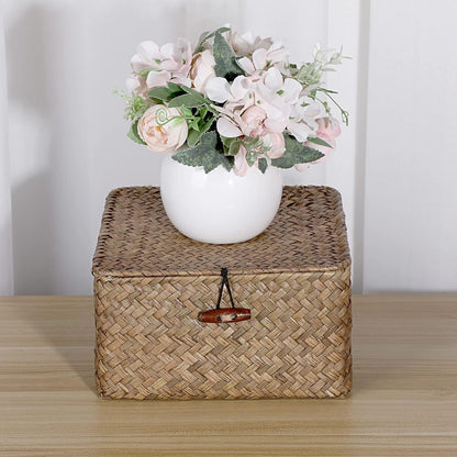 Hipiwe Seagrass Basket with Lid Wicker Storage Basket Square Handwoven Decorative Baskets Box for Shelf Multipurpose Household Baskets Home Decor,X-small