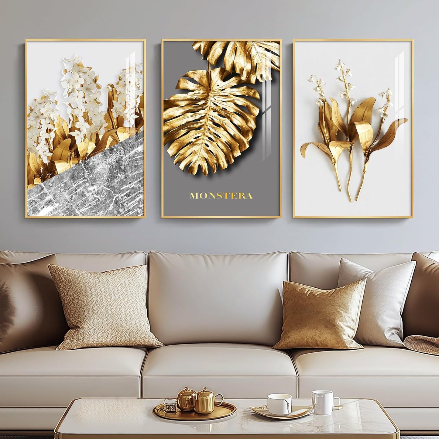 Framed Modern Luxury Gold Wall Art, Set of 3 Piece Contemporary Paintings Artwork for Walls, Golden Prints Pictures with Gold Frame, Wall Decor for Living Room, Hallway, Bedroom, Office 16x24 Inch