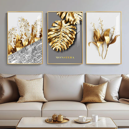 Framed Modern Luxury Gold Wall Art, Set of 3 Piece Contemporary Paintings Artwork for Walls, Golden Prints Pictures with Gold Frame, Wall Decor for Living Room, Hallway, Bedroom, Office 16x24 Inch