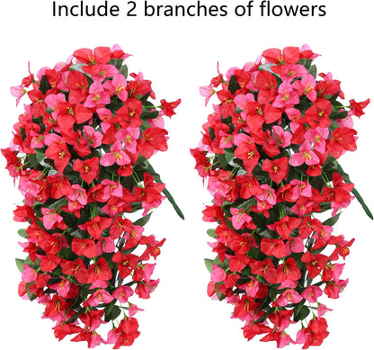 Faux Bougainvillea Artificial Flowers Plants for Outdoor Outside Decoration, 2 PCS Red Fake Flowers UV Resistant Look Real Silk Long Trailing Vines for Front Door Porch Planter Urn Patio Garden Yard