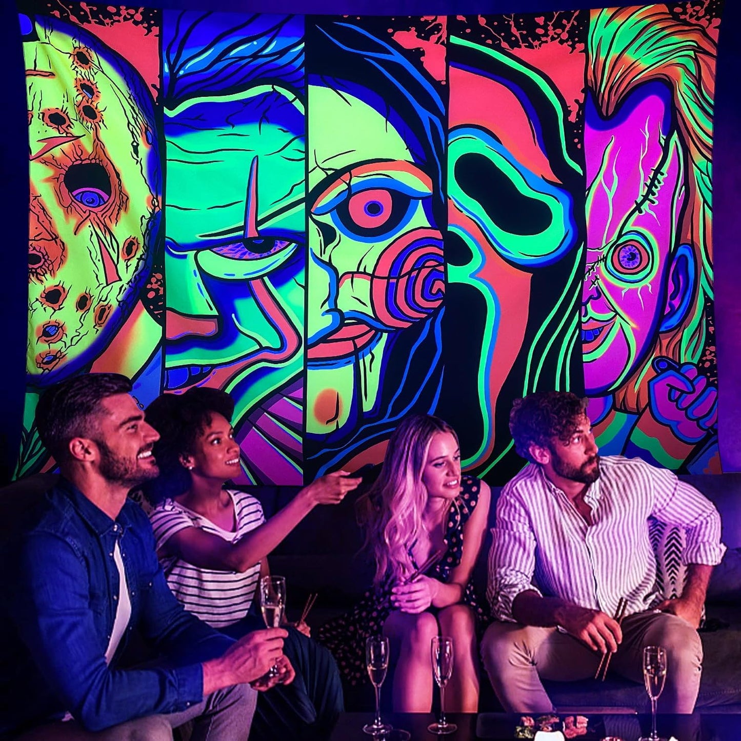 ARTCREATOR Black Light Art Halloween Wall Decor Trippy Blacklight Horror Face Tapestry, UV Reactive Tapestries Glow in The Dark Party Tapestry for Bedroom, Living Room (29" x 37")