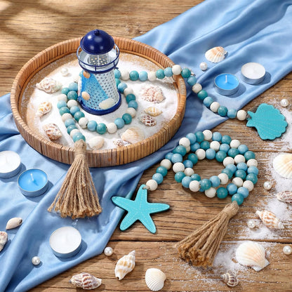 Janinka 2 Pcs Farmhouse Seashell Bead Garland with Tassels Decorative Beads Decor Nautical Farmhouse Tiered Tray Decorations Set Coastal Garland for Home and Kitchen, Wooden Beads(White)