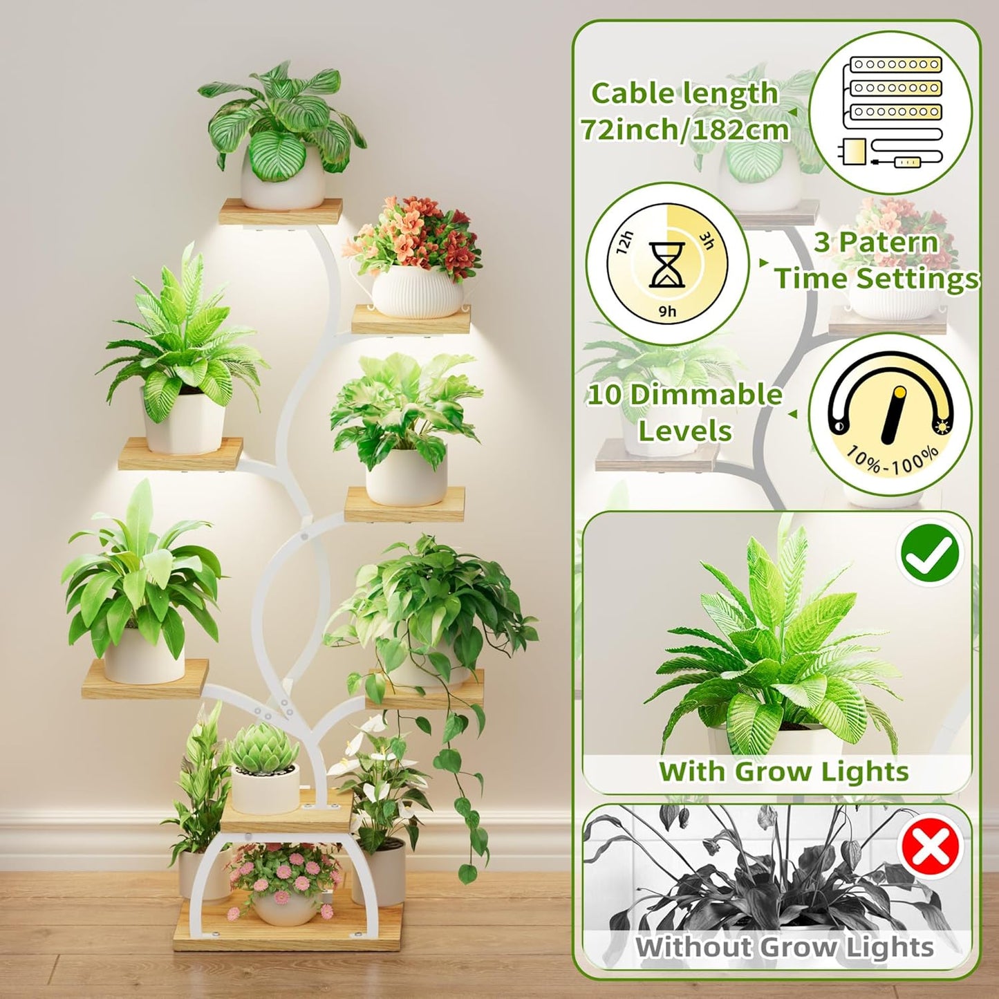 EVAWOO Plant Stand Indoor with Grow Light - 8 Tiered Plant Shelf Indoor, Corner Plant Stand, 49" Tall Plant Shelf with Lights for Indoor Growing, Lighted Flower Holder for Living Room, Balcony, Black