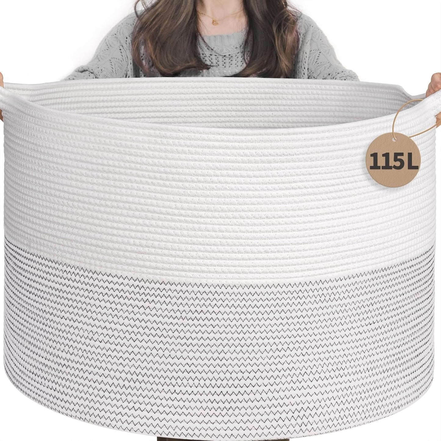 INDRESSME XXXLarge Blanket Basket for Living Room 21.7" x 21.7" x 13.8"-Storage Basket with Handle for Organizing Toy Pillows Woven Cotton Rope Laundry Basket Stuffed Animal Toy Storage for Play Room