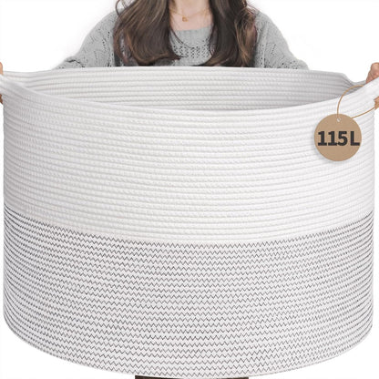 INDRESSME XXXLarge Blanket Basket for Living Room 21.7" x 21.7" x 13.8"-Storage Basket with Handle for Organizing Toy Pillows Woven Cotton Rope Laundry Basket Stuffed Animal Toy Storage for Play Room