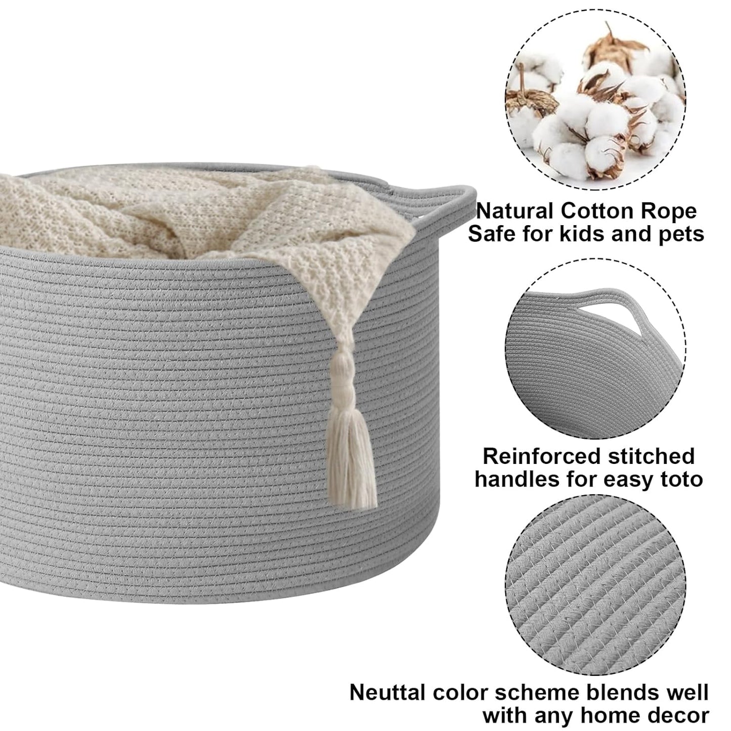 Large Woven Blanket Basket,65L Cotton Rope Laundry Basket Hamper with Handles, Decorative Nursery Basket Storage Bin for Toys, Clothes Organizer, Living Room, Bedroom, Bathroom, White & Brown