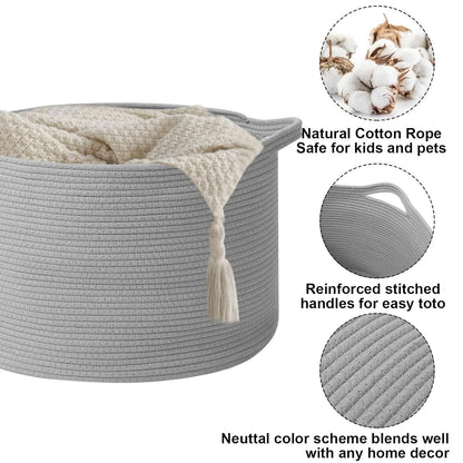 Large Woven Blanket Basket,65L Cotton Rope Laundry Basket Hamper with Handles, Decorative Nursery Basket Storage Bin for Toys, Clothes Organizer, Living Room, Bedroom, Bathroom, White & Brown