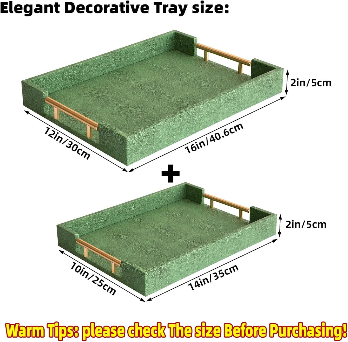 Modern Decorative Tray Set of 2 Ivory Shagreen Leather and Wood Serving Tray with Gold Polished Metal Handles for Ottoman, Coffee Table, Bathroom and More