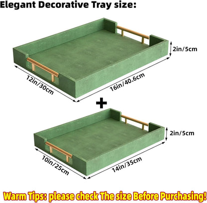 Modern Decorative Tray Set of 2 Ivory Shagreen Leather and Wood Serving Tray with Gold Polished Metal Handles for Ottoman, Coffee Table, Bathroom and More