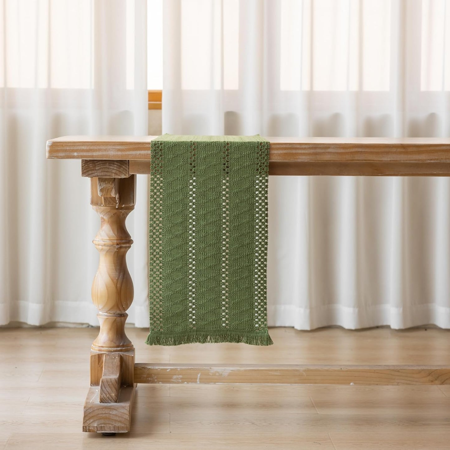 Keketoarrange Boho Sage Green Table Runner for Summer Home Decorations 12x72 Inches Farmhouse Small Macrame Woven Burlap Rustic Coffee Dresser Dining Kitchen Centerpiece Bohemian Decor