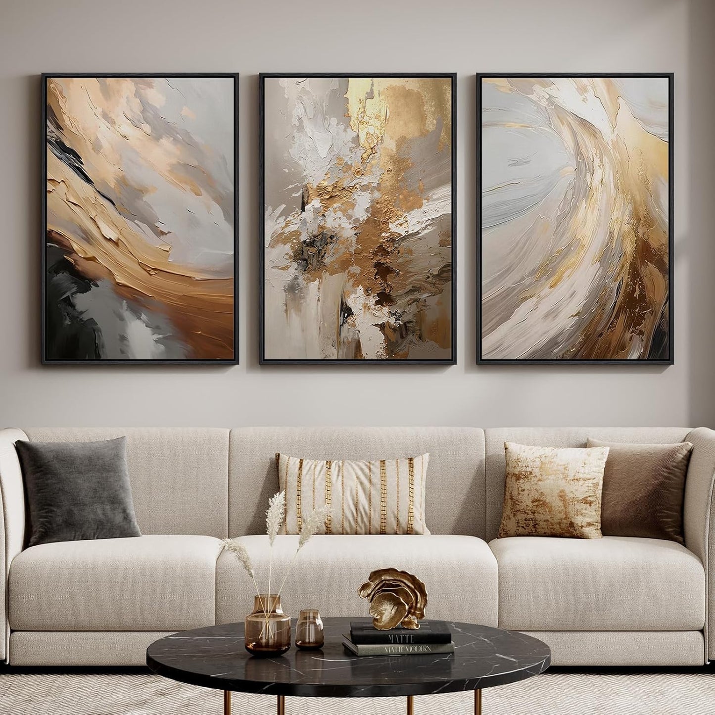Large Framed Neutral Abstract Wall Art for Living Room, 3 Piece Modern Canvas Prints Paintings Artwork for Walls, Black and Beige Pictures for Living Room Hallway Stair Office Wall Decor 24x36 Inch