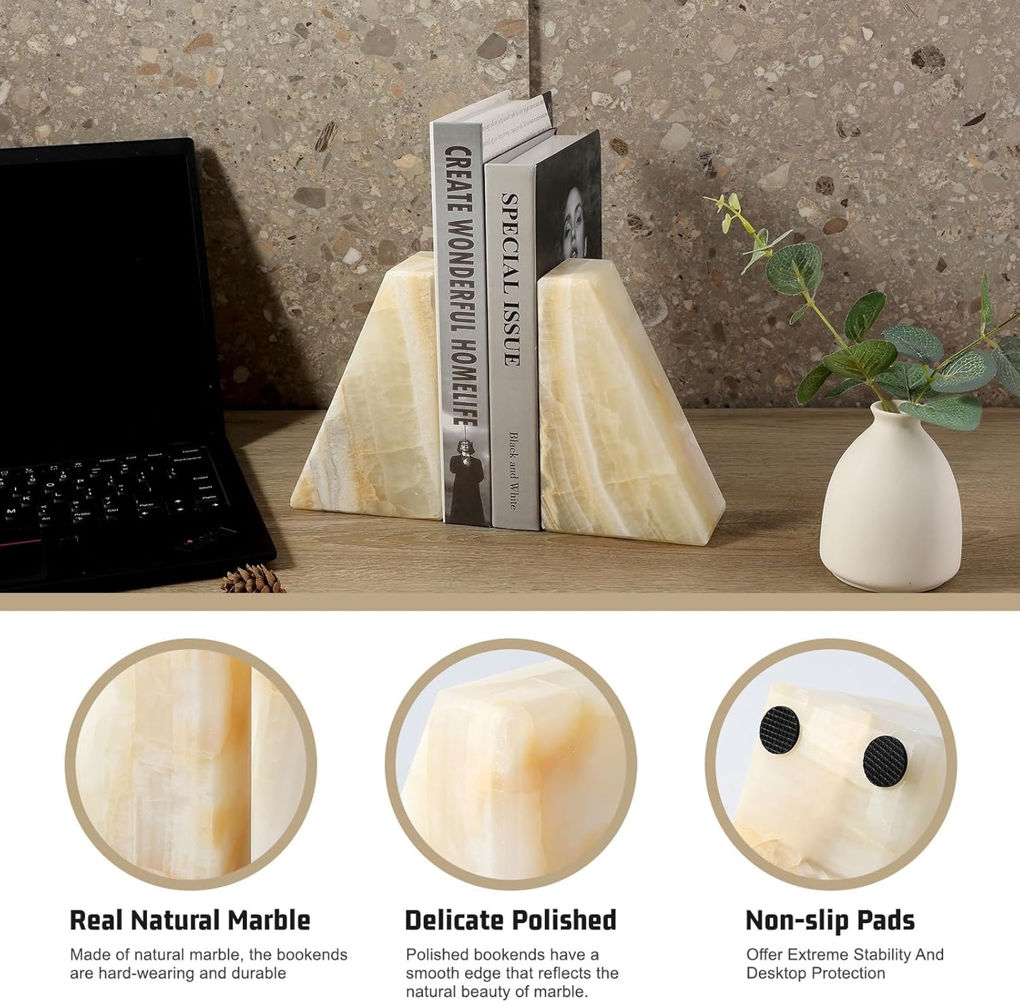 Karibiber Travertine Bookends for Heavy Books, Marble Decorative Bookends for Shelves, Heavy-Duty Stone Book Ends for Hardback Book & Cookbooks, Unique Book Stopper & Holder, Travertino Italy