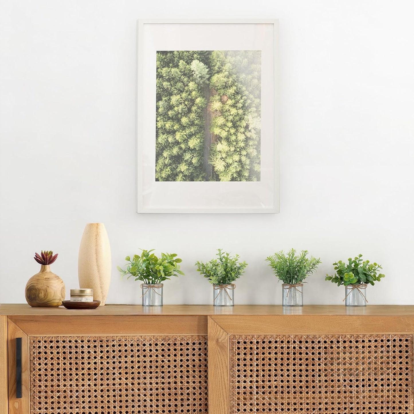 Mkono 4 Packs Small Fake Plants in Farmhouse Galvanized Pots Table Centerpiece Mini Potted Artificial Plants Faux Eucalyptus for Shelf Office Rustic Home Decor (White, Mini-6" H)