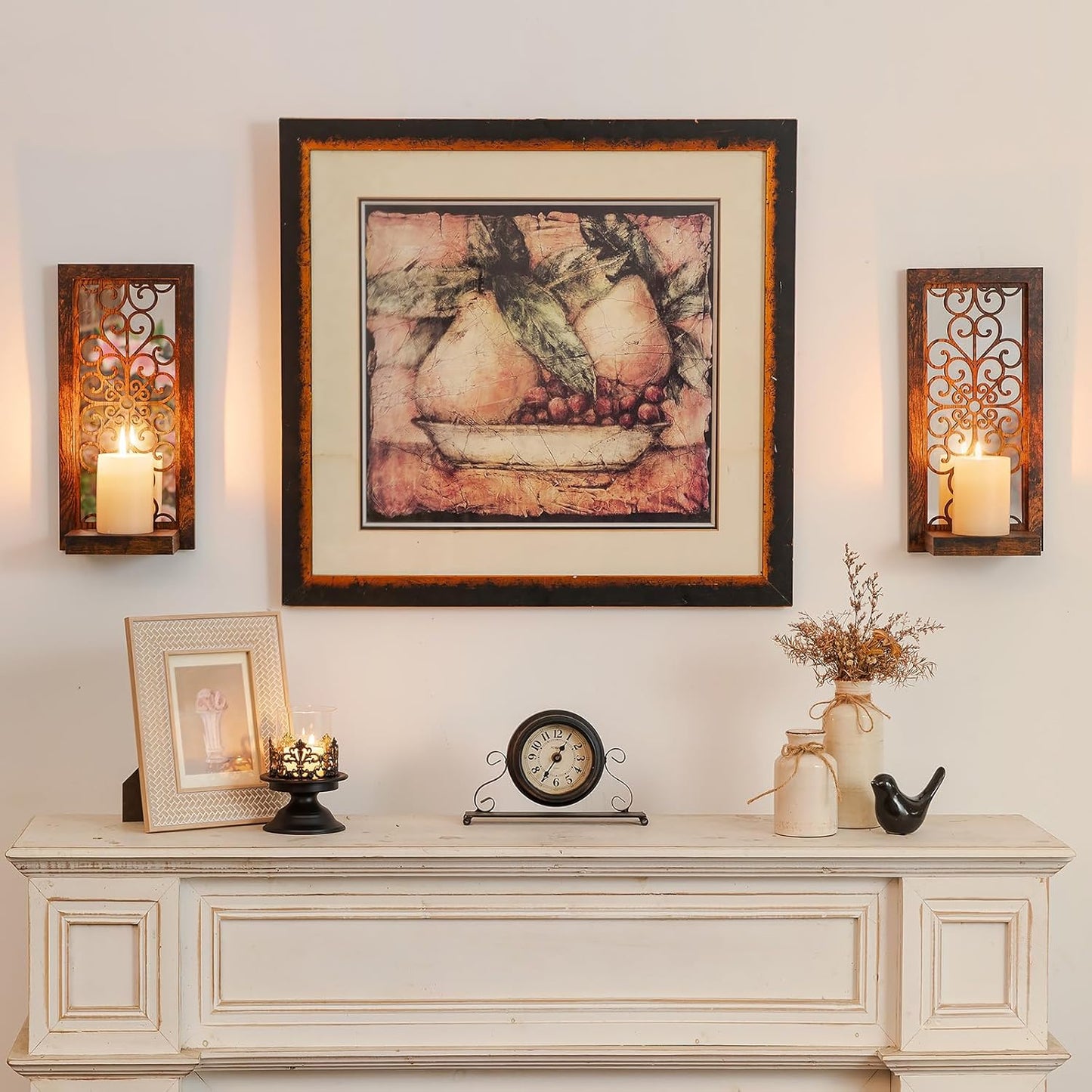 Farmhouse Wall Candle Holder Decor: Rustic Candle Sconces Set of Two for Pillar Candles - Brown Wooden Shelving for Fireplace Bathroom Hallway