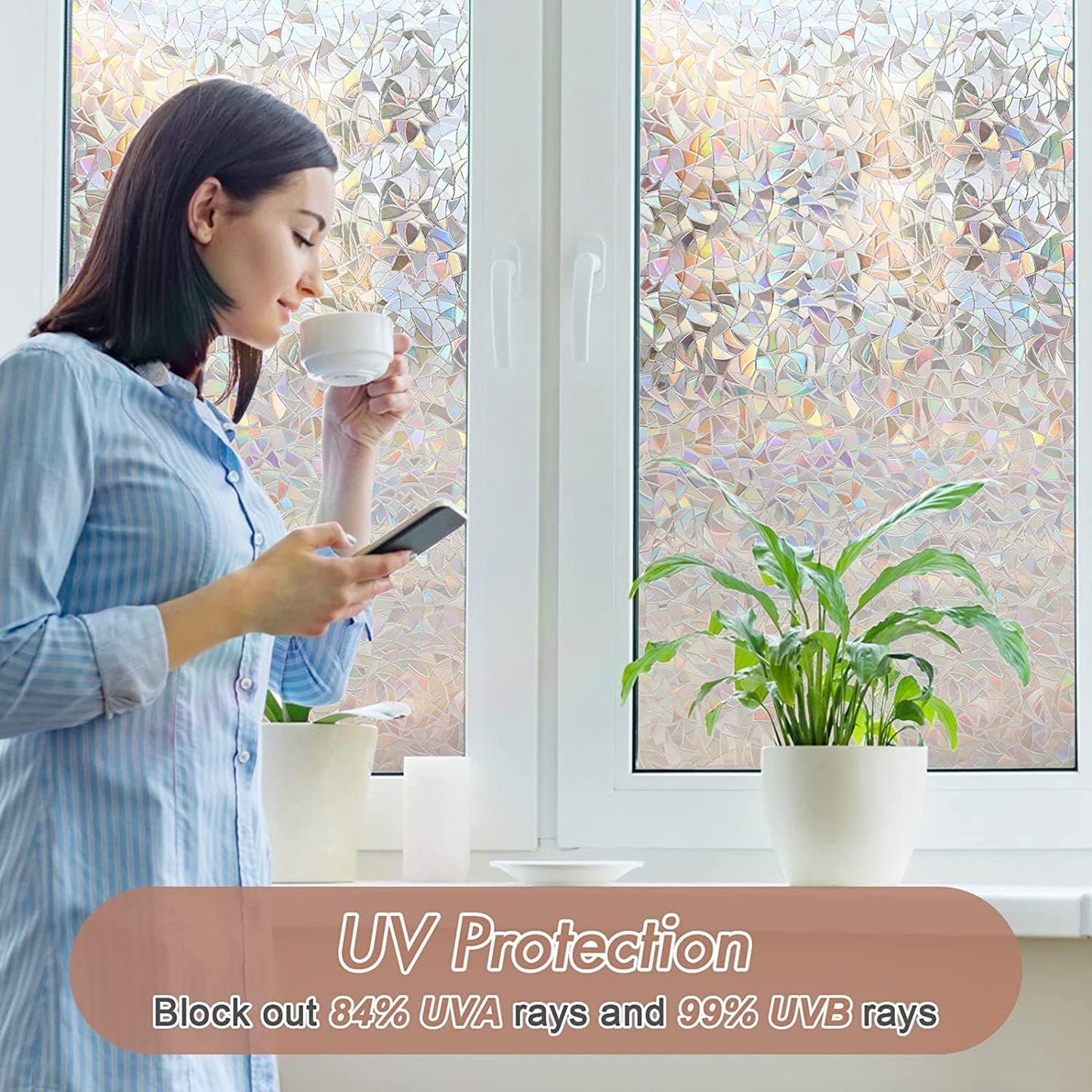 Haton Window Privacy Film, Stained Glass Rainbow Film Decorative Window Clings, Static Cling Sun Blocking Stickers Decals Coverings Tint for Home Heat Control, Non-Adhesive 17.5" x 78.7"