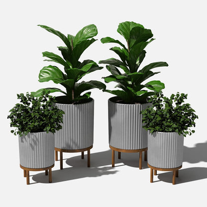 Veradek Demi Series Round Planter w/ Stand for Porch/Patio | Durable Plastic-Concrete & Wooden Stand | Modern Décor for Tall Plants, Flowers