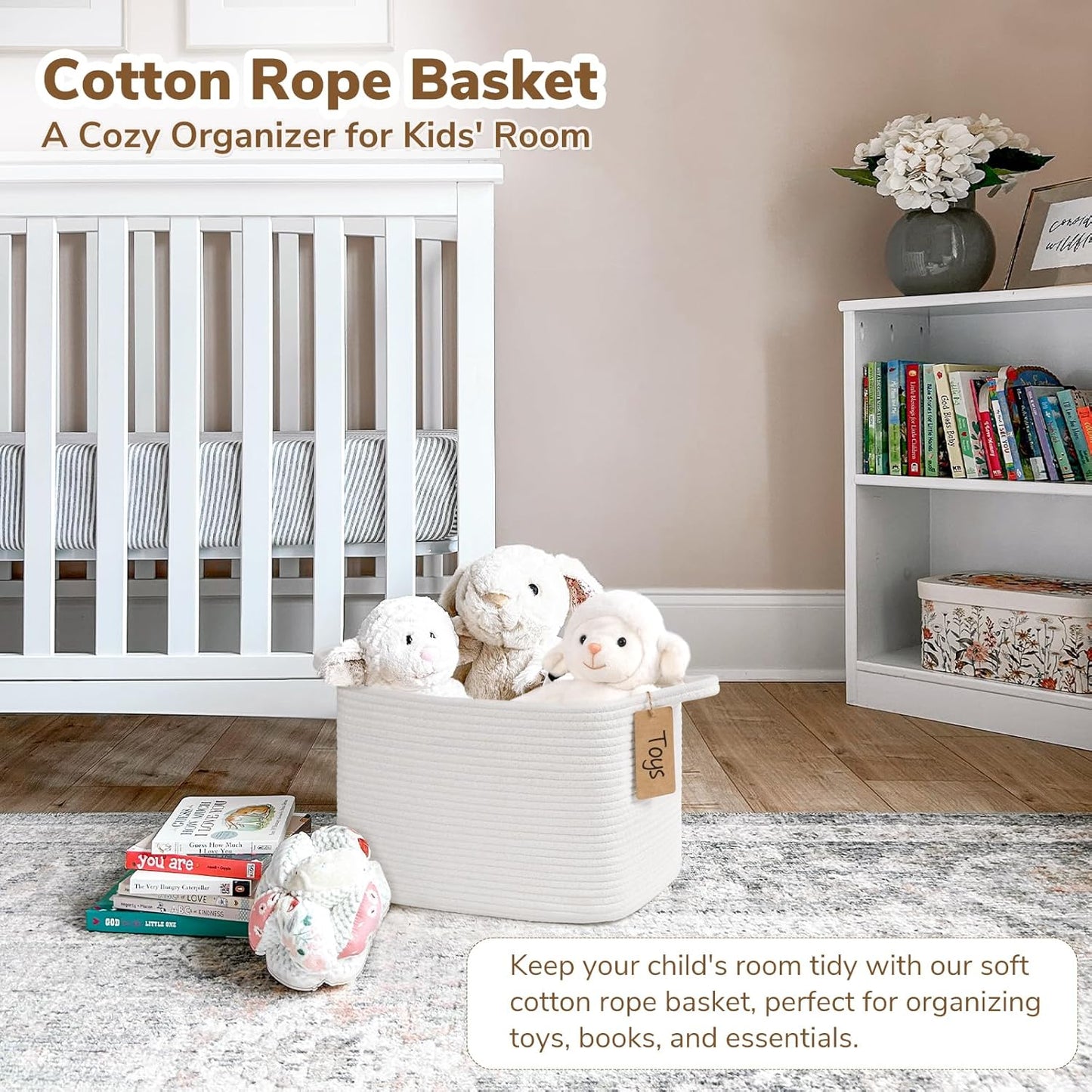 Goodpick Woven Storage Basket, Cotton Rope Basket for Dog Toys, Books, Stylish Gift Basket with Handles, 13 x 10 x 9 Inches Square Baskets for Organizing, Brown and White