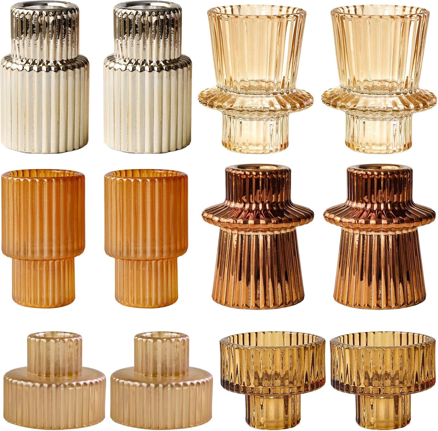 Brown Candlestick Holders 12PCS Ribbed Glass Taper Candle Holders Set for Tealight Candlestick Candles, Table Centerpieces for Thanksgiving Christmas Farmhouse Decor Indoor and Outdoor