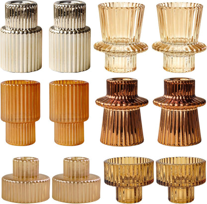 Brown Candlestick Holders 12PCS Ribbed Glass Taper Candle Holders Set for Tealight Candlestick Candles, Table Centerpieces for Thanksgiving Christmas Farmhouse Decor Indoor and Outdoor