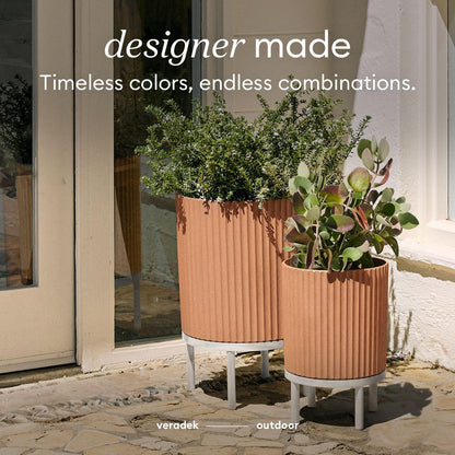 Veradek Demi Series Round Planter w/ Stand for Porch/Patio | Durable Plastic-Concrete & Wooden Stand | Modern Décor for Tall Plants, Flowers