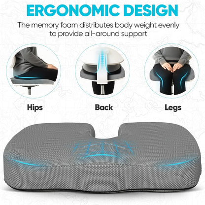 FORTEM Seat Cushion, Office Chair Cushion, Memory Foam Car Seat Cushions, Sciatica Coccyx Tailbone Pain Relief, Chair Cushions for Back Support, Sitting Pad for Gaming, Washable Cover, Non Slip