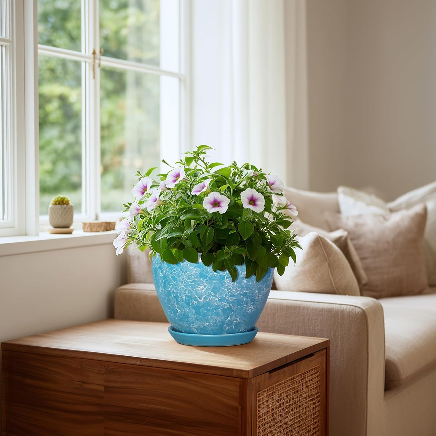 6 Inch Plant Pot - Ceramic Pots for Plants with Drainage Hole and Saucer, Round Succulent Planter Indoor Outdoor, Modern Flower Pot for Snake Plants, Home Decor, Gifts for Plant Lover, Blue