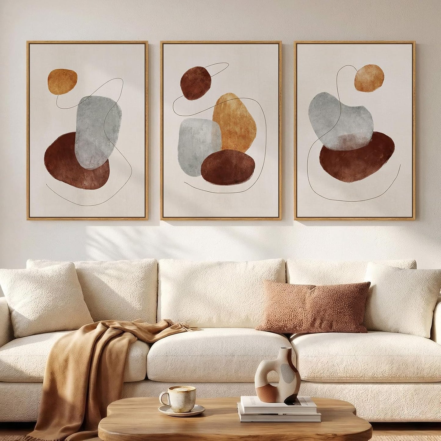 Large Framed Neutral Abstract Wall Art for Living Room, 3 Piece Modern Canvas Prints Paintings Artwork for Walls, Black and Beige Pictures for Living Room Hallway Stair Office Wall Decor 24x36 Inch