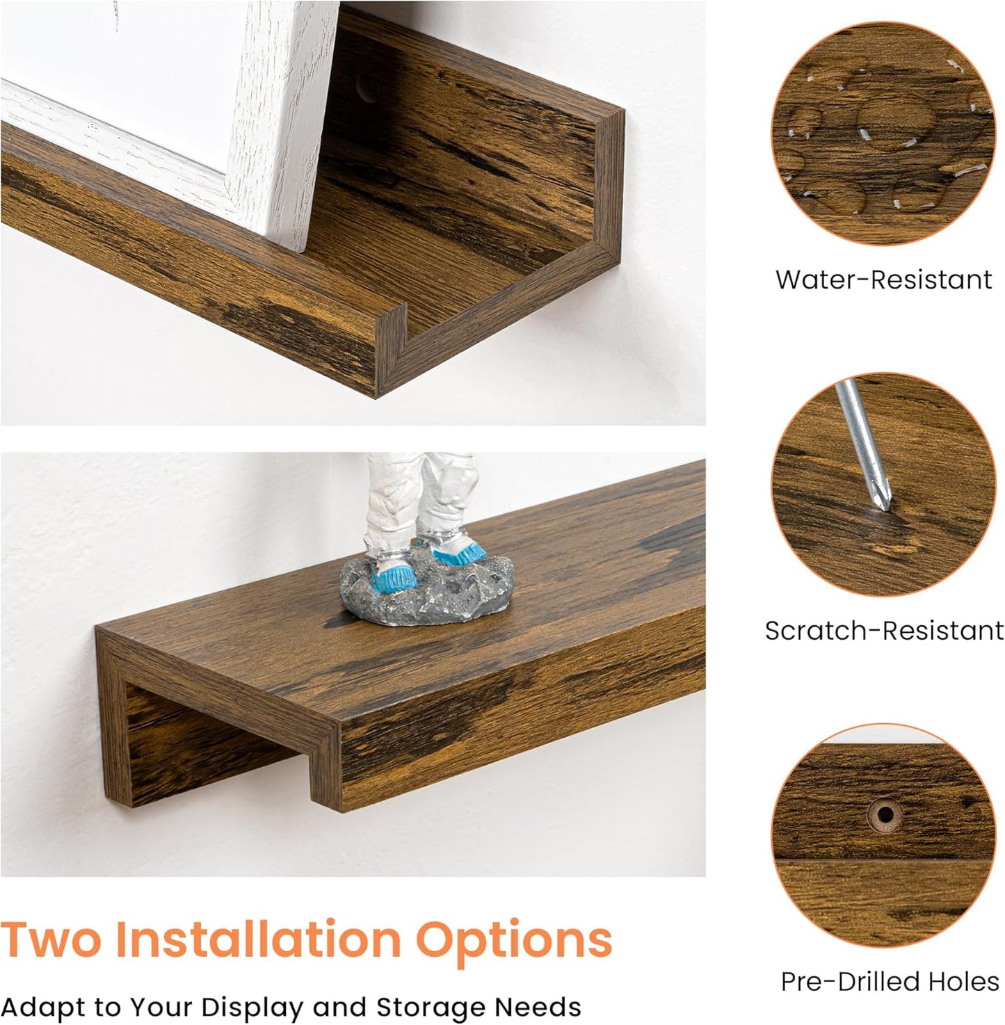 RICHFOCUS Picture Ledge Shelf, 24 inch Floating Shelves Set of 2, Wood Wall Shelves with Lip, Wall Decor Storage for Bedroom Living Room Bathroom Kitchen Nursery Photo Picture, Walnut