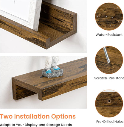 RICHFOCUS Picture Ledge Shelf, 24 inch Floating Shelves Set of 2, Wood Wall Shelves with Lip, Wall Decor Storage for Bedroom Living Room Bathroom Kitchen Nursery Photo Picture, Walnut