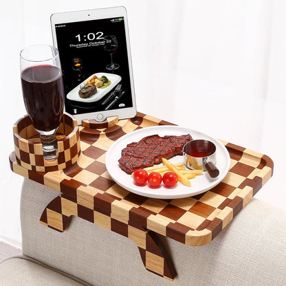 Nnewvante Couch Cup Holder Tray, 3 in 1 Large 15.36"x9.85" Acacia Wood Sofa Arm Clip on Tray Table with 360°Rotated Phone Holder on Armrest