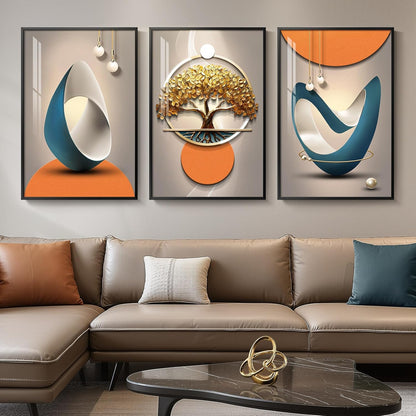 Framed Modern Luxury Gold Wall Art, Set of 3 Piece Contemporary Paintings Artwork for Walls, Golden Prints Pictures with Gold Frame, Wall Decor for Living Room, Hallway, Bedroom, Office 16x24 Inch