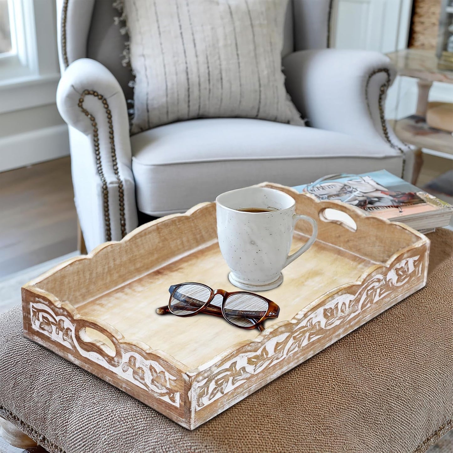 Hand Carved Wooden Serving Tray - Decorative Breakfast Tray with Handles - Rustic Wooden Food Tray with Intricate Detail - Unique Furnishing Accent - Natural Finish - 17 x 13 x 2.5 Inch - COTTON CRAFT