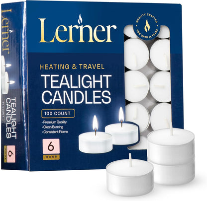 Lerner Tealight Candles, 50 Count| 4.5 Hours Long-Burning White Tea Light Candles| Non-Toxic, Smokeless & Soot-Free Tea Light Warmer Candles | Unscented Party, Décor, Shabbat Tea Candles