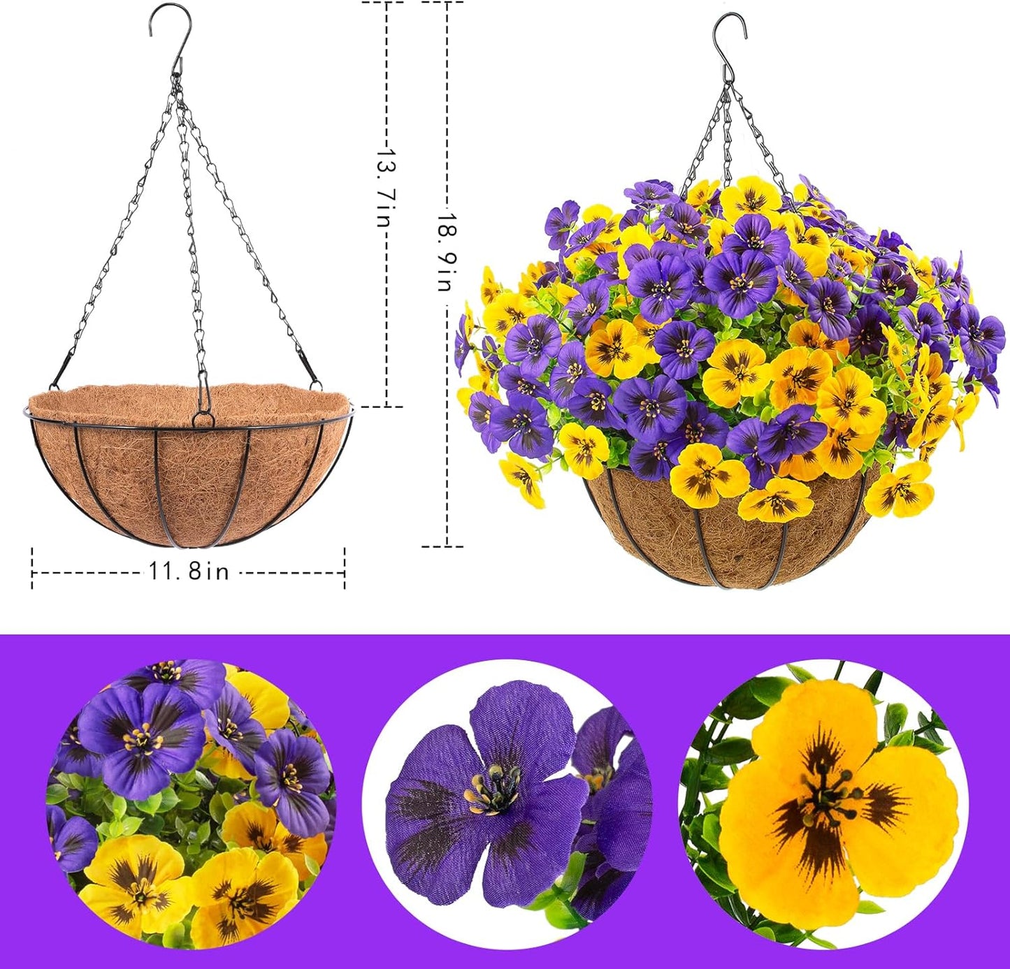 lovemoon 2 Sets Artificial Hanging Pansy Flowers with Baskets, 24 Pcs UV Resistant Faux Silk Pansy Outdoor Hanging Flower for Porch Patio Garden Home Spring Decor (2, White,Yellow,Purple)
