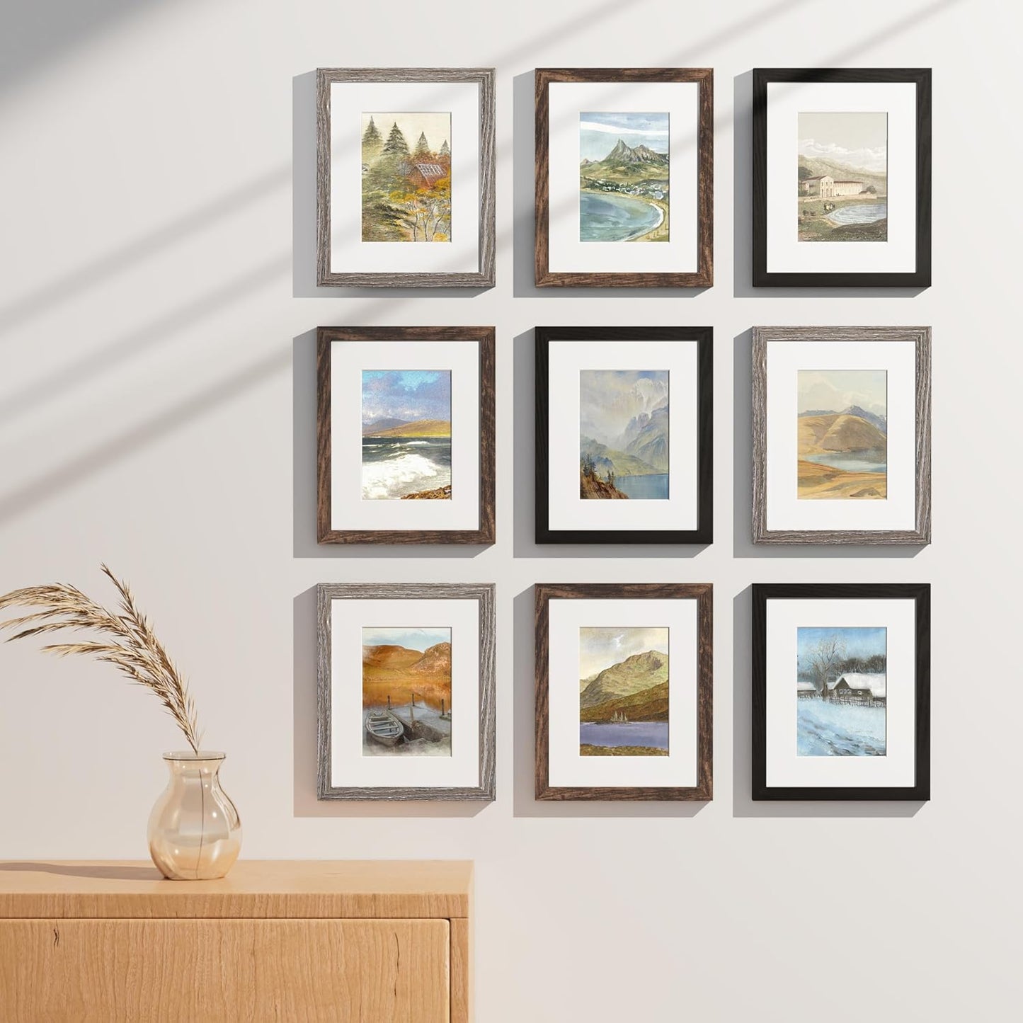 Vittanly 8x10 Picture Frames Set of 9, Shatter Resistant Plexiglass, Display 5x7 Pictures with Mat or 8x10 without Mat, Photo Frames for Wall or Tabletop, Engineered Wood, Black - Colors B