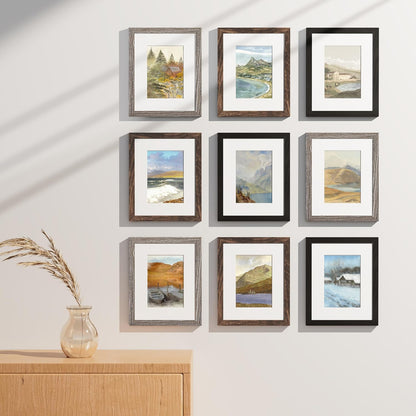 Vittanly 8x10 Picture Frames Set of 9, Shatter Resistant Plexiglass, Display 5x7 Pictures with Mat or 8x10 without Mat, Photo Frames for Wall or Tabletop, Engineered Wood, Black - Colors B
