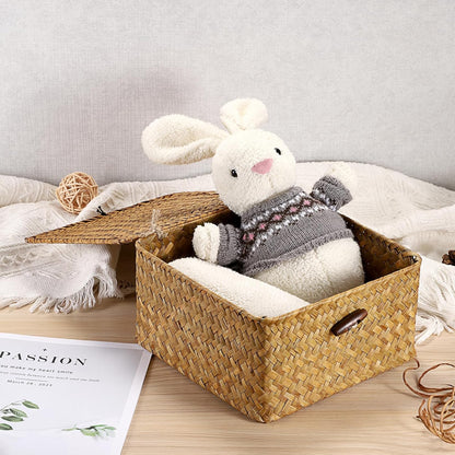 Hipiwe Seagrass Basket with Lid Wicker Storage Basket Square Handwoven Decorative Baskets Box for Shelf Multipurpose Household Baskets Home Decor,X-small