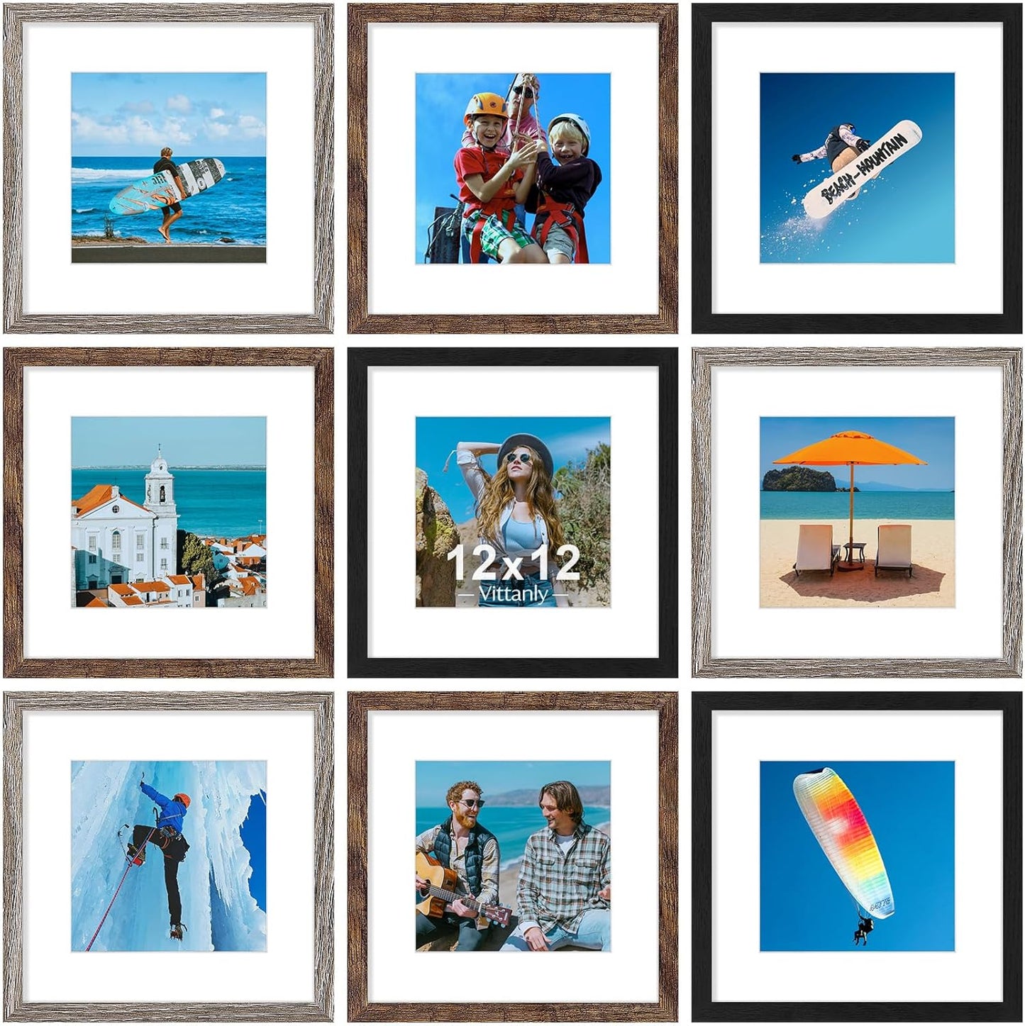 Vittanly 8x10 Picture Frames Set of 9, Shatter Resistant Plexiglass, Display 5x7 Pictures with Mat or 8x10 without Mat, Photo Frames for Wall or Tabletop, Engineered Wood, Black - Colors B