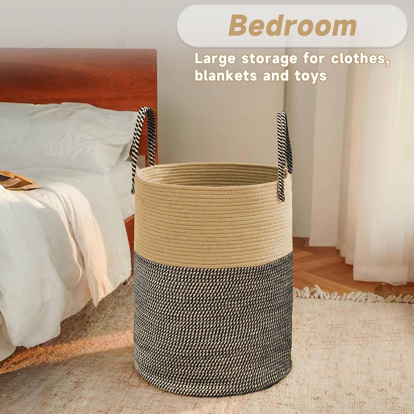 JMvicyroam Large Woven Laundry Basket Hamper,60L Cotton Rope Storage Bin for Blankets,Toys and Clothes,Decorative Tall Nursery Hamper for Living Room,Baby Nursery,Bathroom and Bedroom,Brown
