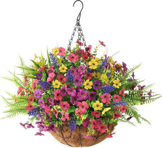 ZFProcess Artificial Faux Hanging Plants Flowers Basket for Spring Summer Outdoor Decoration, Fake Silk Daisy in Planter Realistic UV Resistant Look Real for Porch Home Patio Balcony Yard(Multicolor)