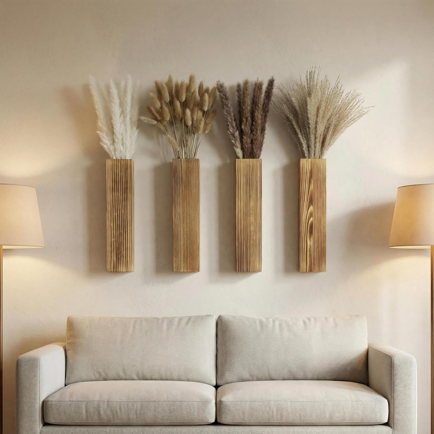 Wooden Wall Planter Set of 4 - Modern Home Decor for Living Room, Bedroom, Bathroom - Walnut Finish Planter for Dried Flowers, Faux Greenery, Indoor Plants
