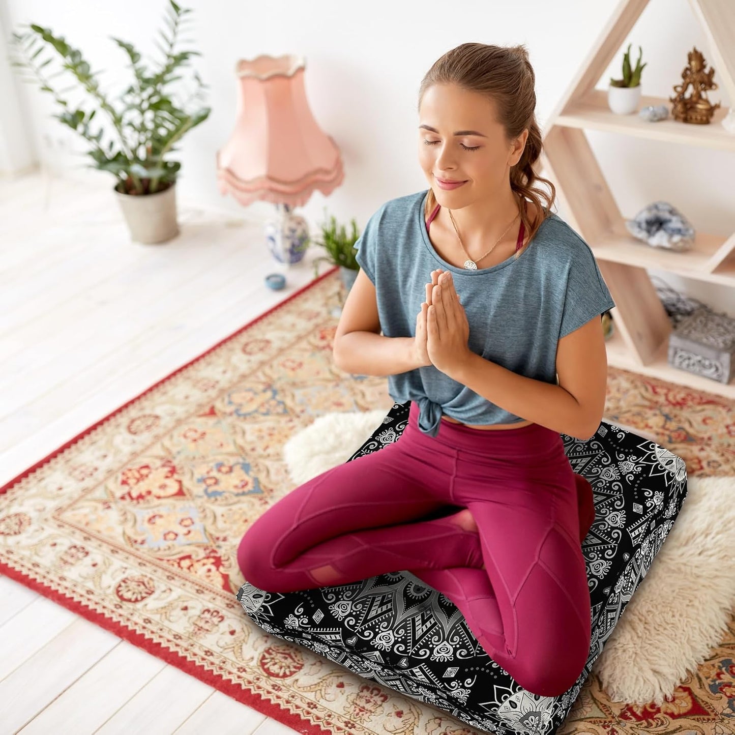 Mandala Meditation Cushion, Boho Meditation Mat, Meditation Pillows for Sitting on Floor, Cushions for Sitting in Home and Outdoor, Square Floor Pillow Cushion Seating for Yoga Accessories 22'' X 22''